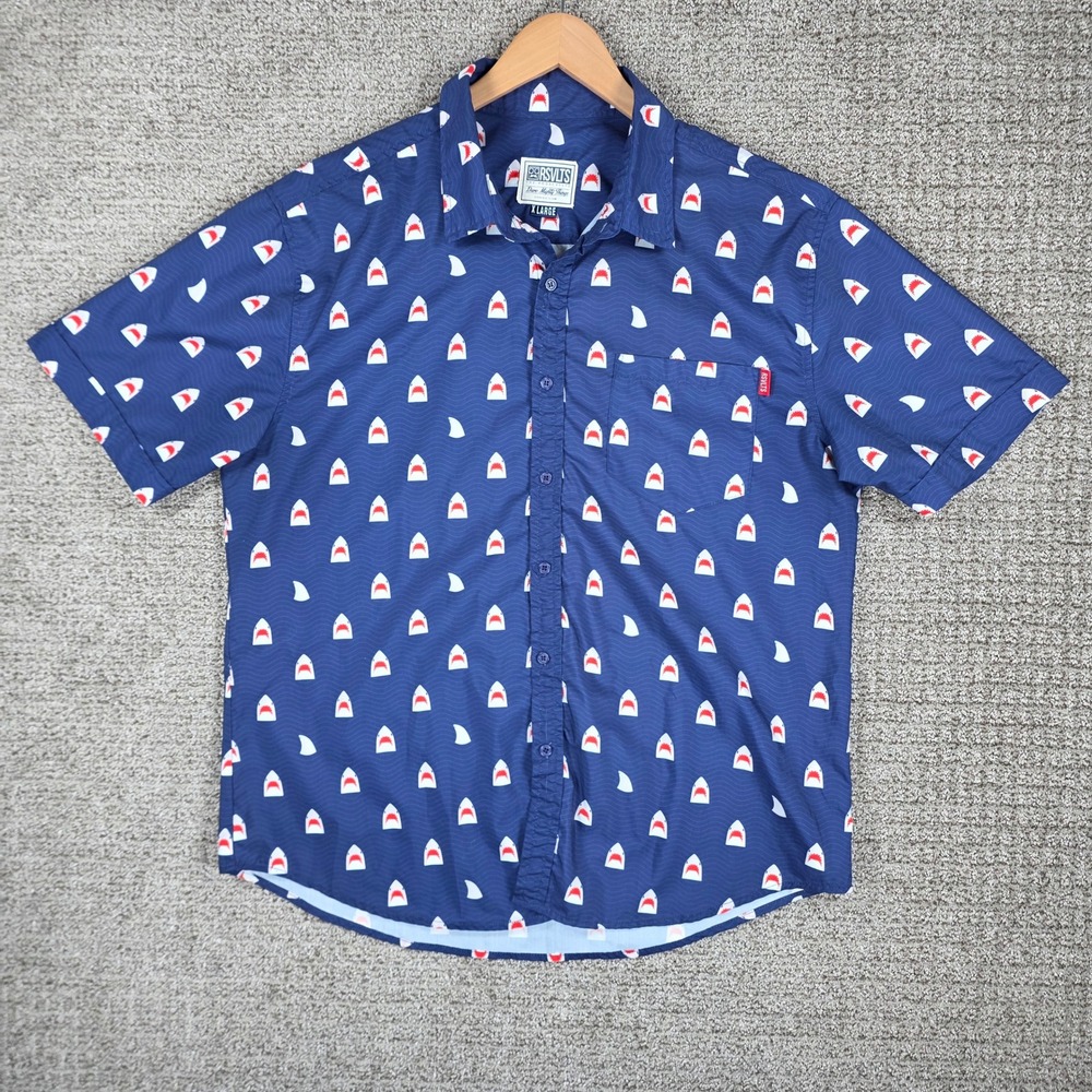 RSVLTS Men Blue Chomp Shark Short Sleeve Button Down Shirt XL Cotton